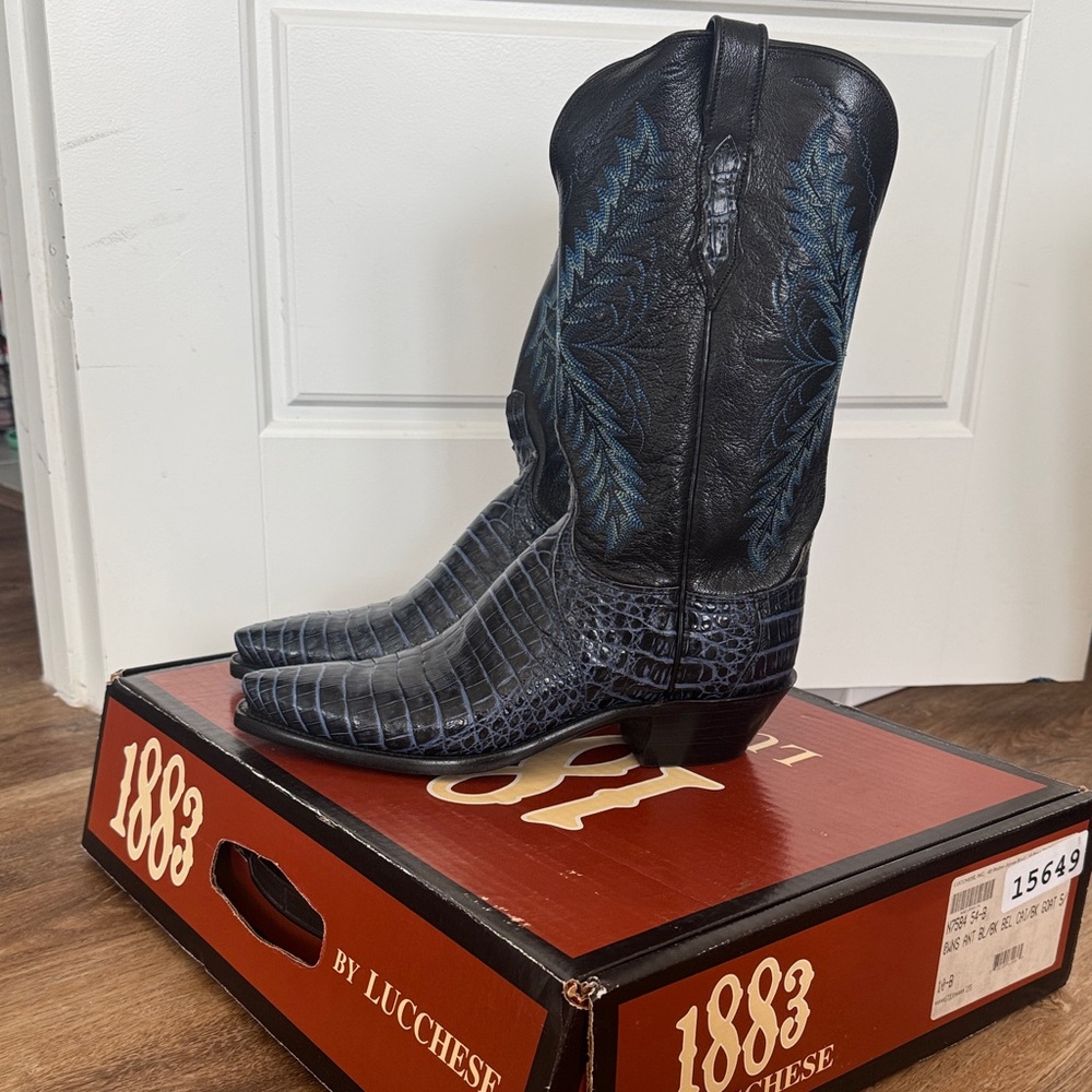 Lucchese Black Boots with Blue Embroidery